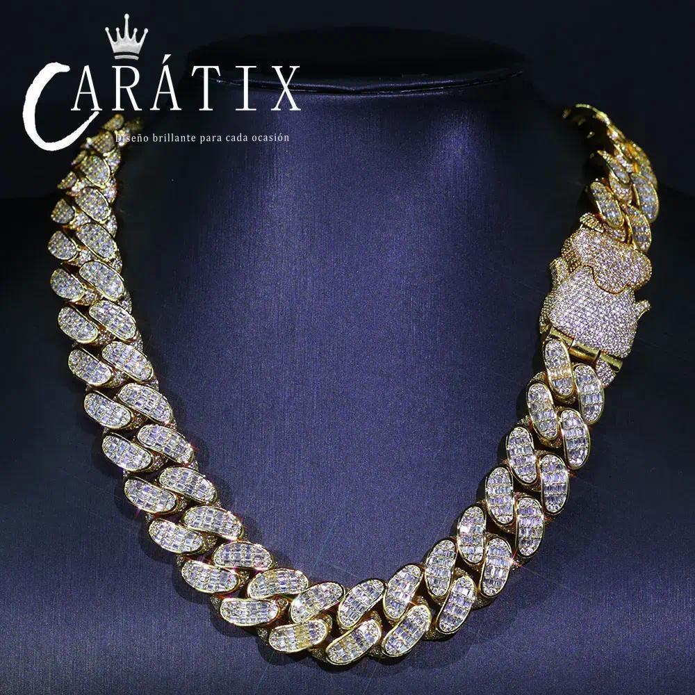 CARÁTIX 18mm Cuban Link Chain Necklace – Micro Pave Rectangular CZ Iced Out Hip Hop Jewelry for Men | Spring Buckle Design - CaratixJewelry
